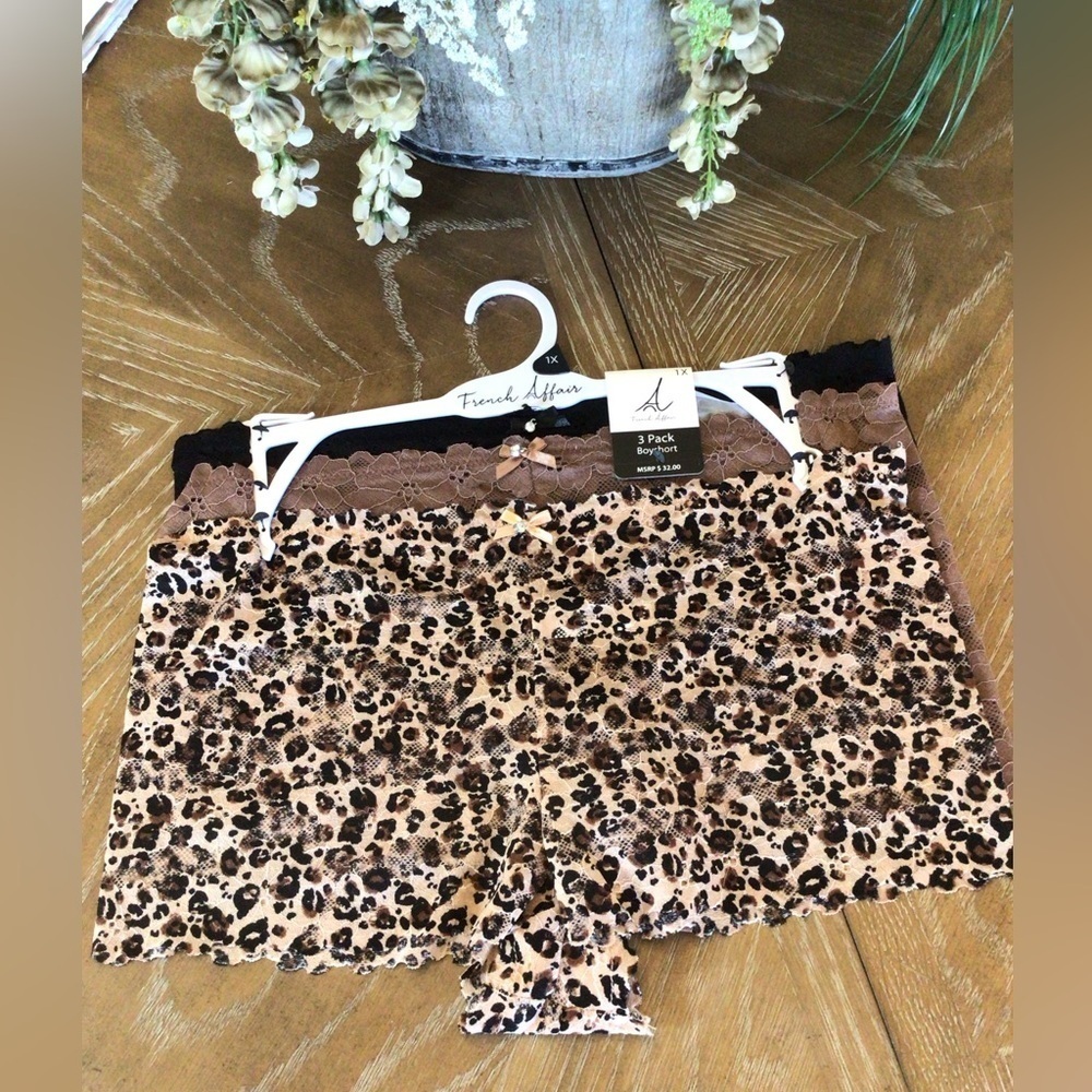 French Affair Boyshort Panties 3 Pack Size 1X Lace Leopard Print & Solid